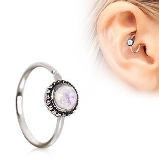 316L Stainless Steel White Synthetic Opal Ornate Cartilage Hoop Earring -