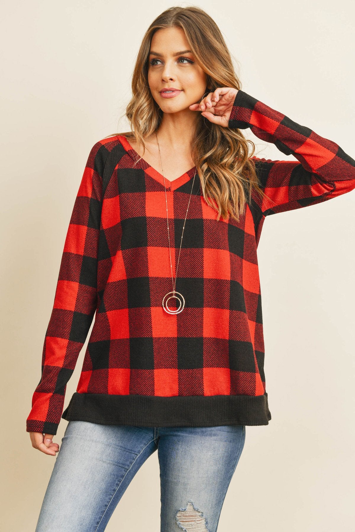 Riah Fashion - Checker Plaid V-Neck Long Sleeve Top - 2 COLORS -