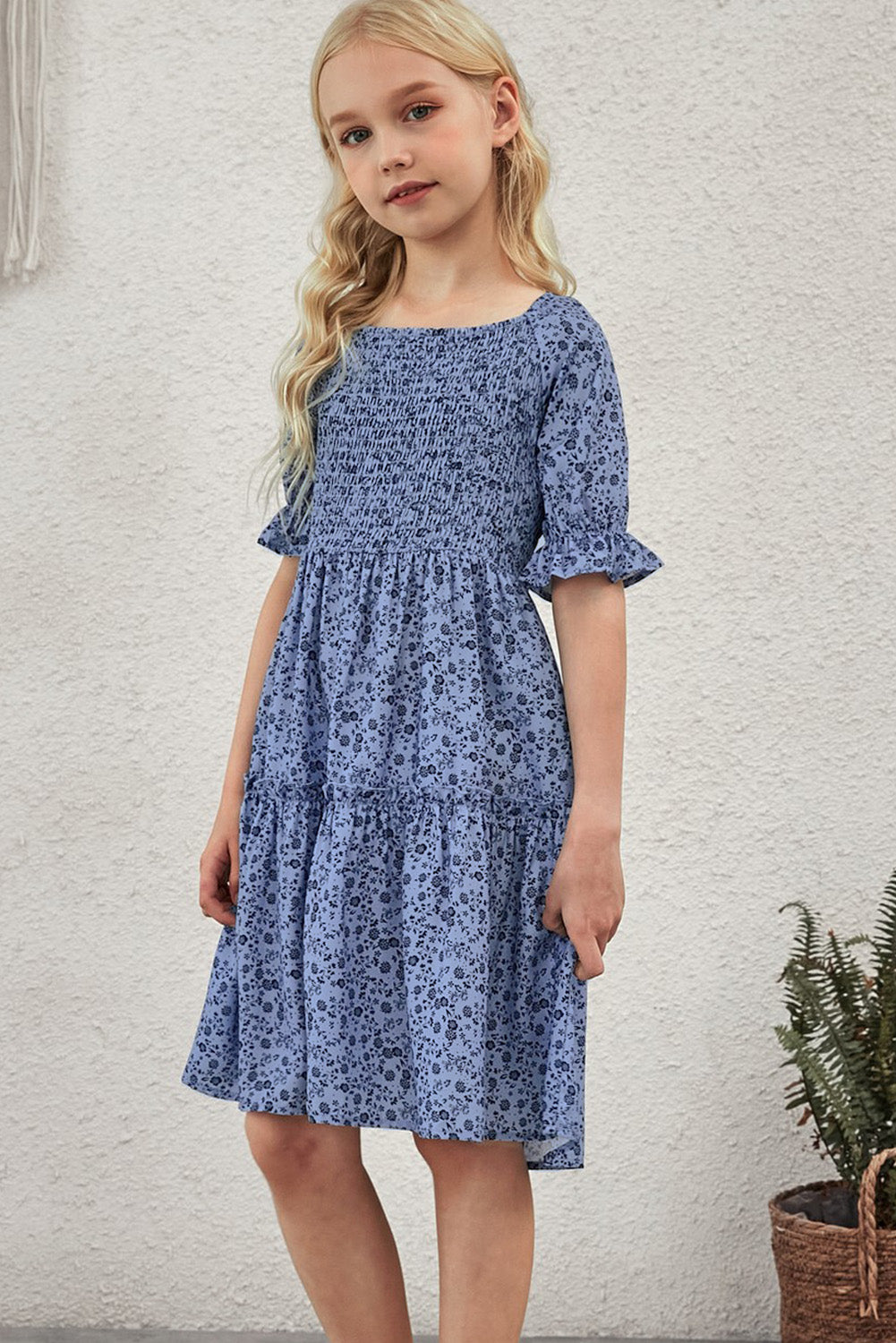 Girls Printed Smocked Flounce Sleeve Dress - T - 4 SIZES - 1 COLOR -