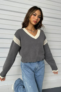 Thumbnail for Contrast Openwork Long Sleeve V-Neck Sweater - T - 1 COLOR -