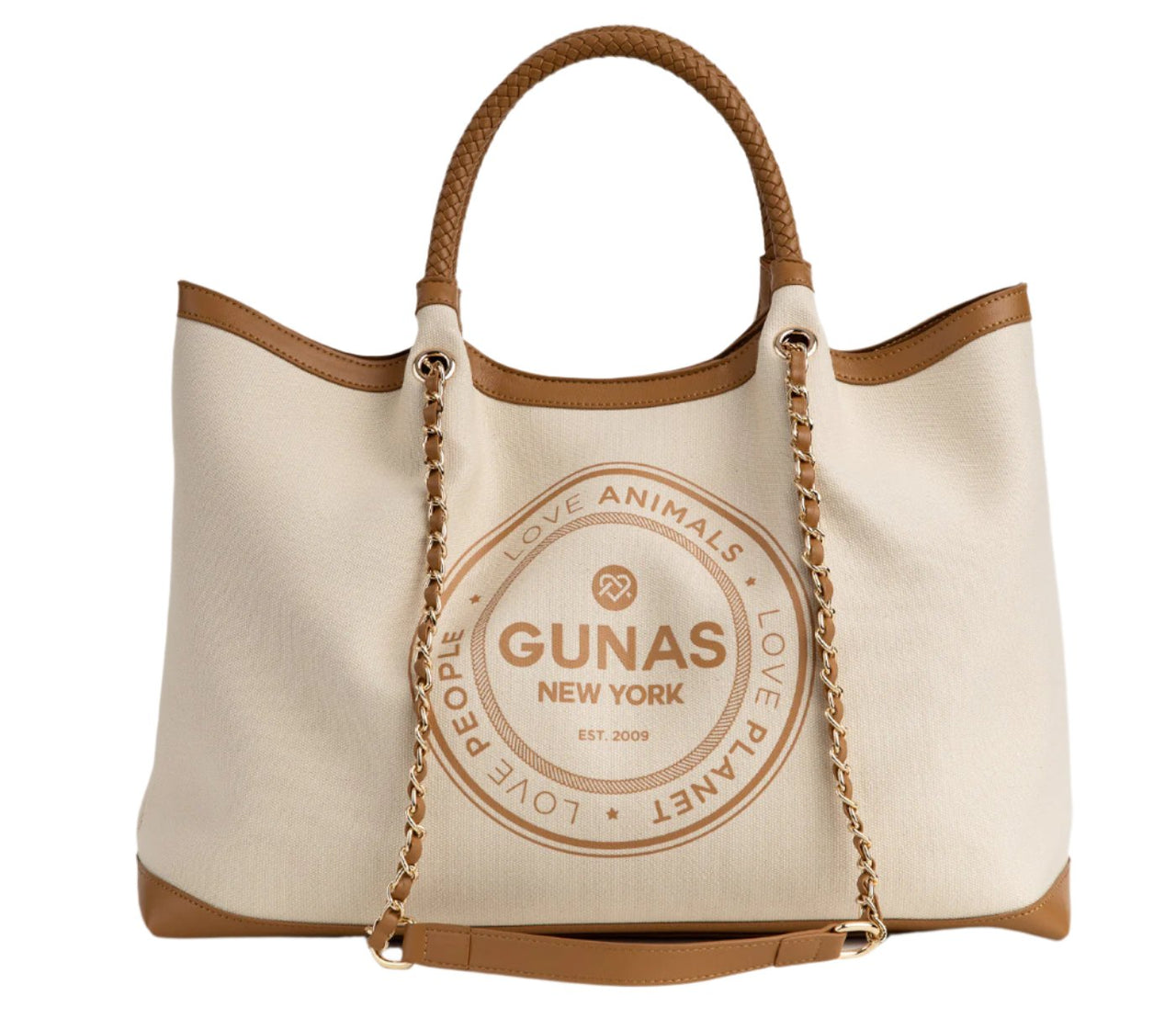 GUNAS NEW YORK - RUTH - Off White/Tan Vegan Canvas Tote / comes with dust pouch - 1 COLOR -