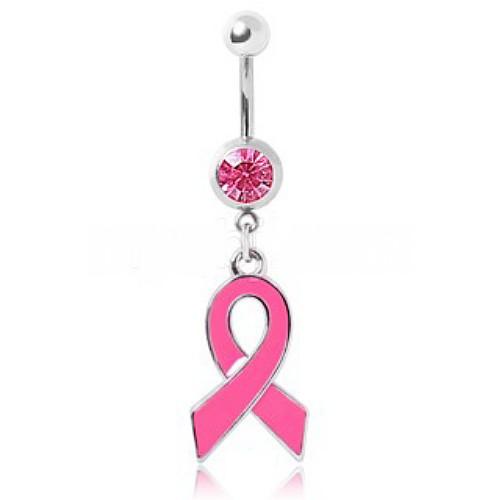 316L Gemmed Navel Ring With Enameled Pink Awareness Ribbon Dangle -