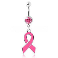 Thumbnail for 316L Gemmed Navel Ring With Enameled Pink Awareness Ribbon Dangle -