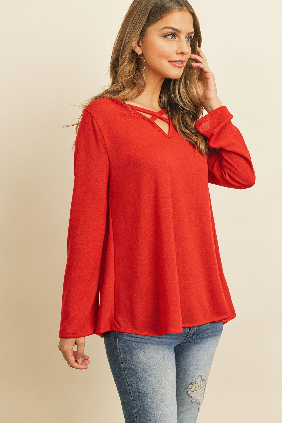 Criss Cross Neck Long Sleeve Hacci Top - 5 COLORS -