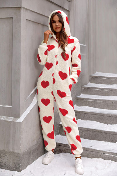 Fuzzy Heart Zip Up Hooded Lounge Jumpsuit - T - 3 COLORS -