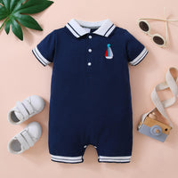 Thumbnail for Embroidered Collared Neck Short Sleeve Romper - T - 1 SOLID, 1 STRIPE -