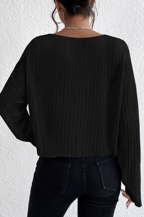 Ribbed Round Neck Drop Shoulder Long Sleeve Top - T - 2 COLORS -