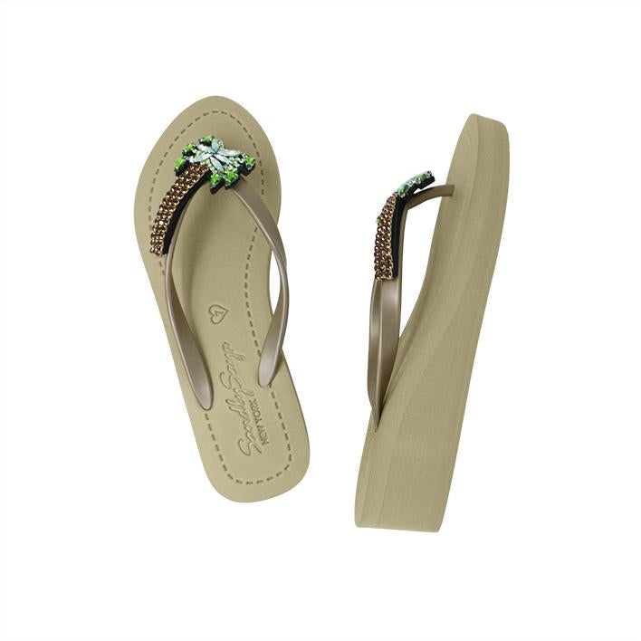 SAND BY SAYA N.Y. - Palm Tree - Rhinestone Mid Wedge Flip Flops - 2 COLORS -