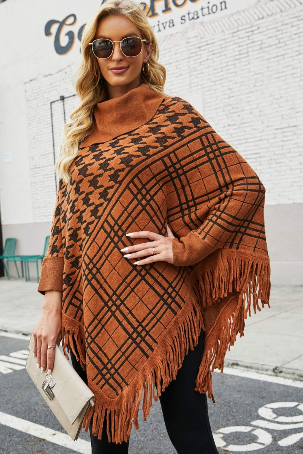 Houndstooth Turtleneck Fringe Hem Poncho - T - 5 COLORS -