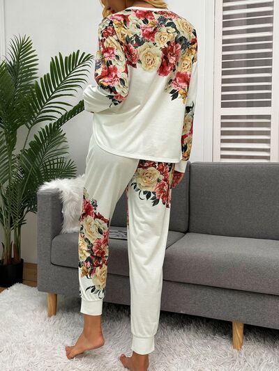 Printed Round Neck Top and Drawstring Pants Lounge Set - 2 PCS. - T - 1 COLOR -