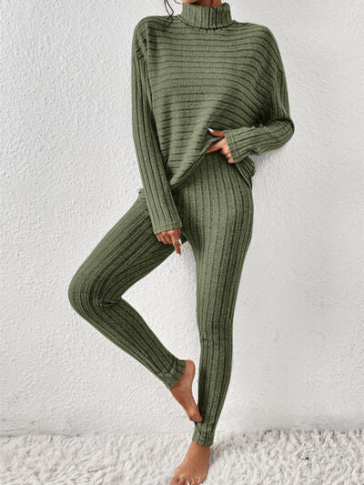 Ribbed Turtleneck Top and Pants Set - 2 PCS. - T - 5 COLORS -