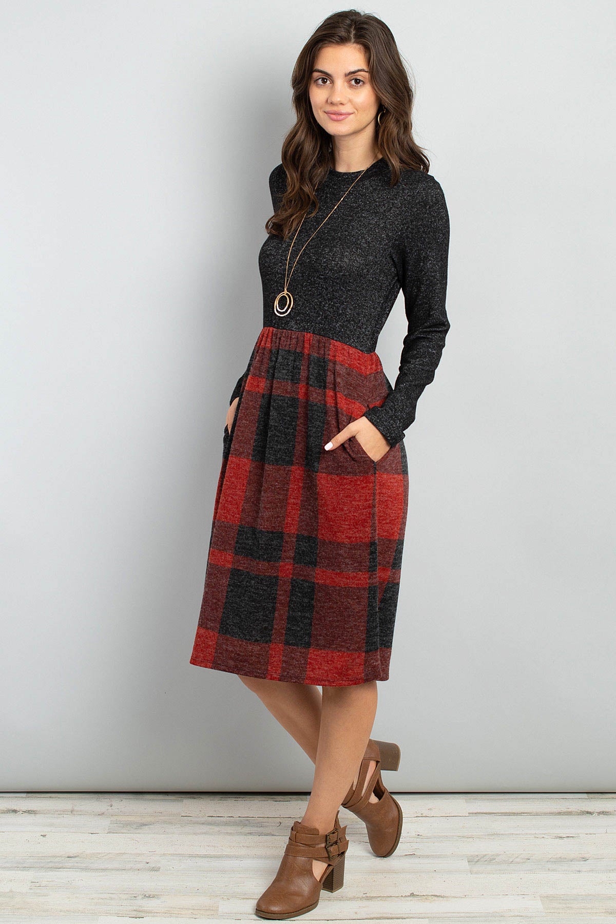 Riah Fashion - Two Toned High Neck Long Sleeves Plaid Contrast Dress - 3 COLORS -