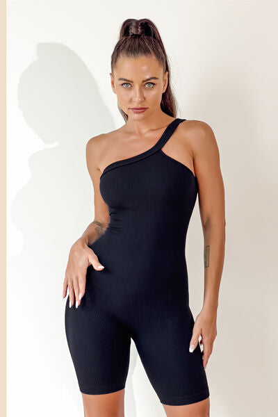 Asymmetrical Neck Wide Strap Active Romper - T - 8 COLORS -