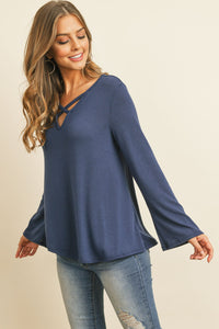 Thumbnail for Criss Cross Neck Long Sleeve Hacci Top - 5 COLORS -