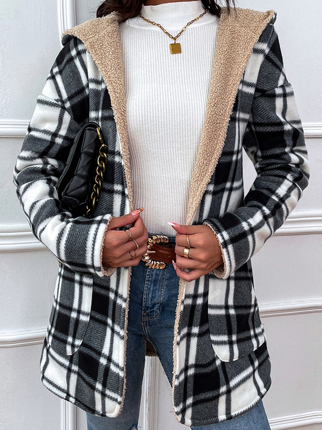 Plaid Hooded Longline JACKET / Coat - T - 1 COLOR -