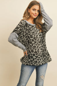 Thumbnail for Riah Fashion - Hacci Brushed Contrast Sleeves Boat Neck Leopard Top - 2 COLORS -