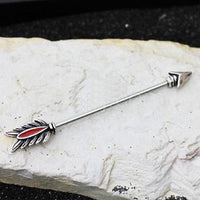 Thumbnail for 316L Stainless Steel Antique Tribal Arrow Industrial Barbell With Red Feather