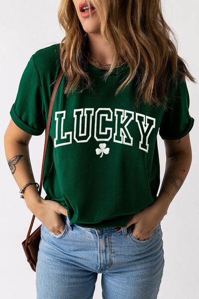 LUCKY Round Neck Short Sleeve T-Shirt - T - 1 COLOR -