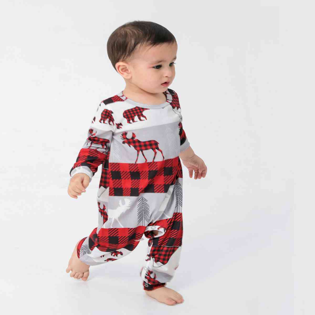 BABY Reindeer & Plaid Round Neck Jumpsuit - T -