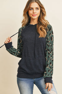 Thumbnail for Riah Fashion - Self Tie Leopard Contrast Kangaroo Pocket Hoodie - 2 COLORS -