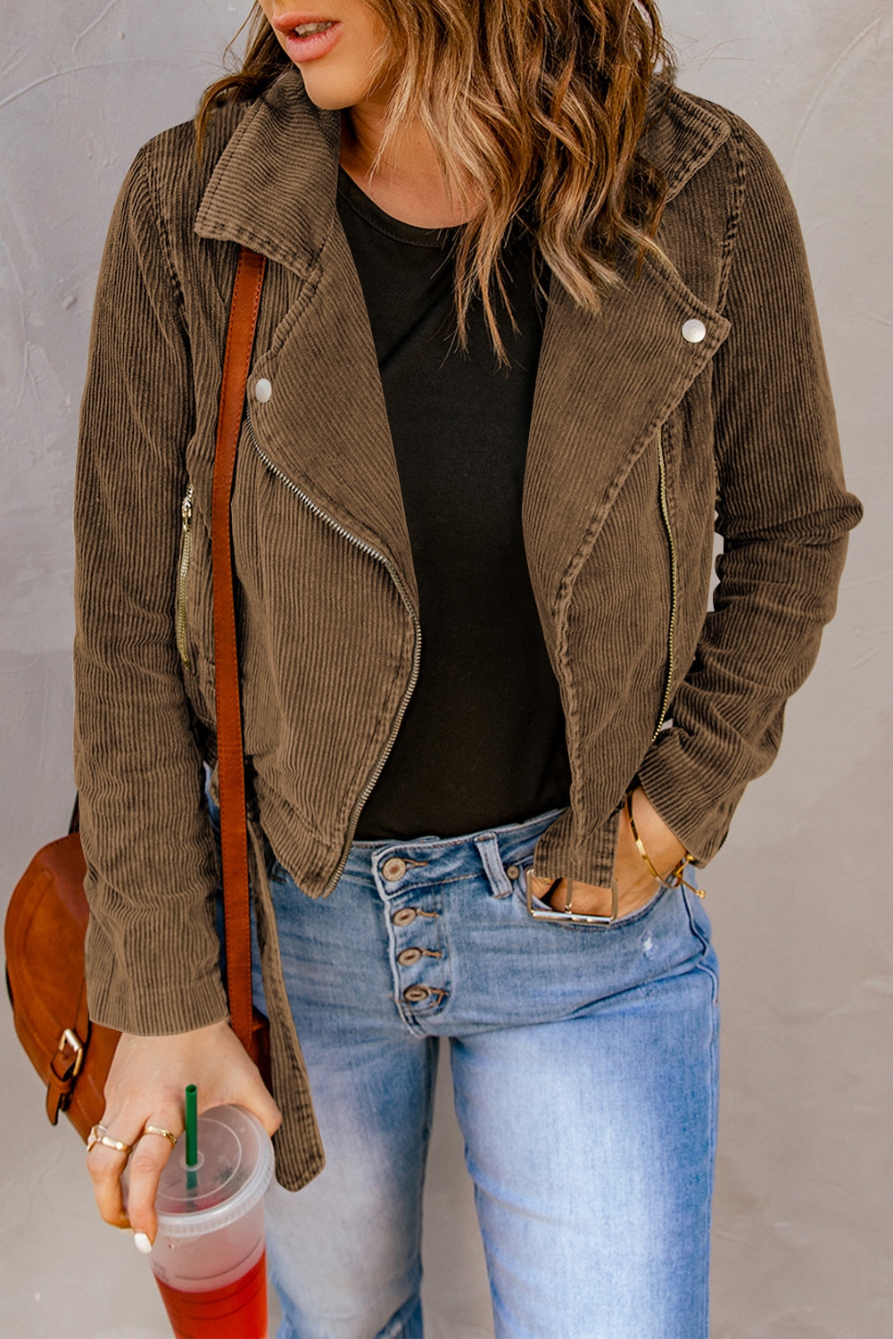 Belted Zip-Up Corduroy Jacket - T - 4 COLORS -