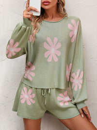 Thumbnail for Floral Print Raglan Sleeve Knit Top and Tie Front Sweater Shorts Set - K - 4 COLORS -