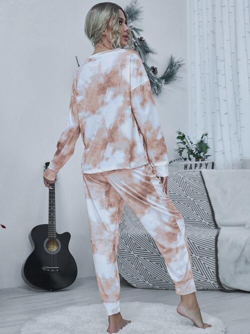 Tie-dye Round Neck Top and Drawstring Pants Lounge Set - 2 PCS. - T - 4 COLORS -