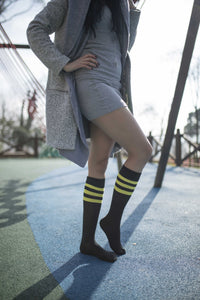 Thumbnail for Women's Black Lemon Stripe Knee High Socks - 1 COLOR -