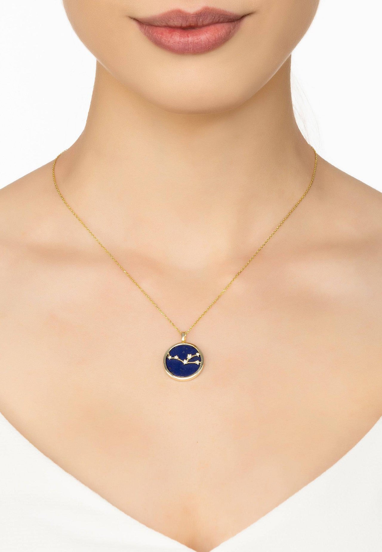 Zodiac Lapis Lazuli Gemstone Star Constellation Pendant Necklace Gold Taurus -