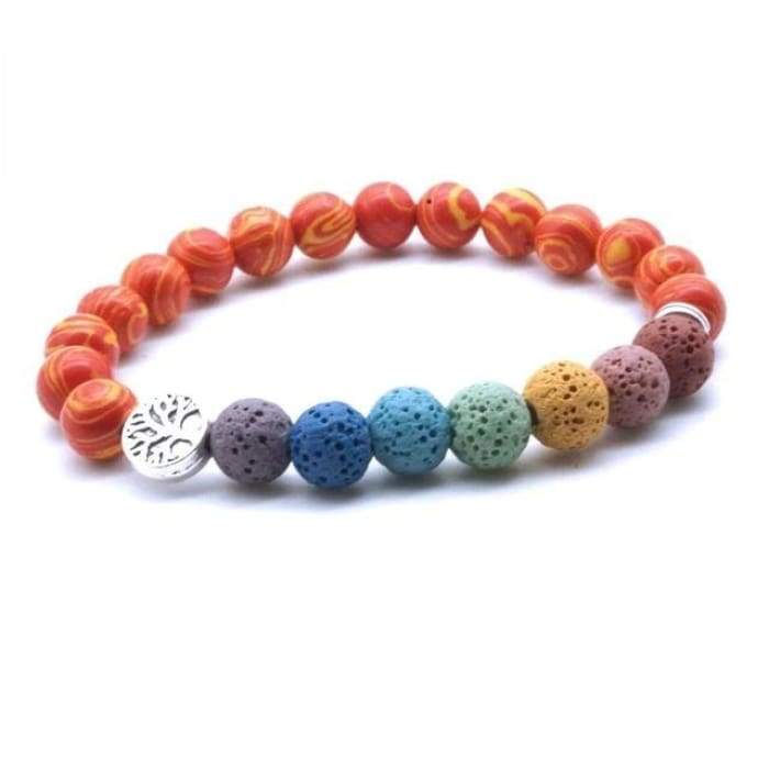 Tree of Life Seven Chakra and Bright Reds Lava Stone Bracelet -