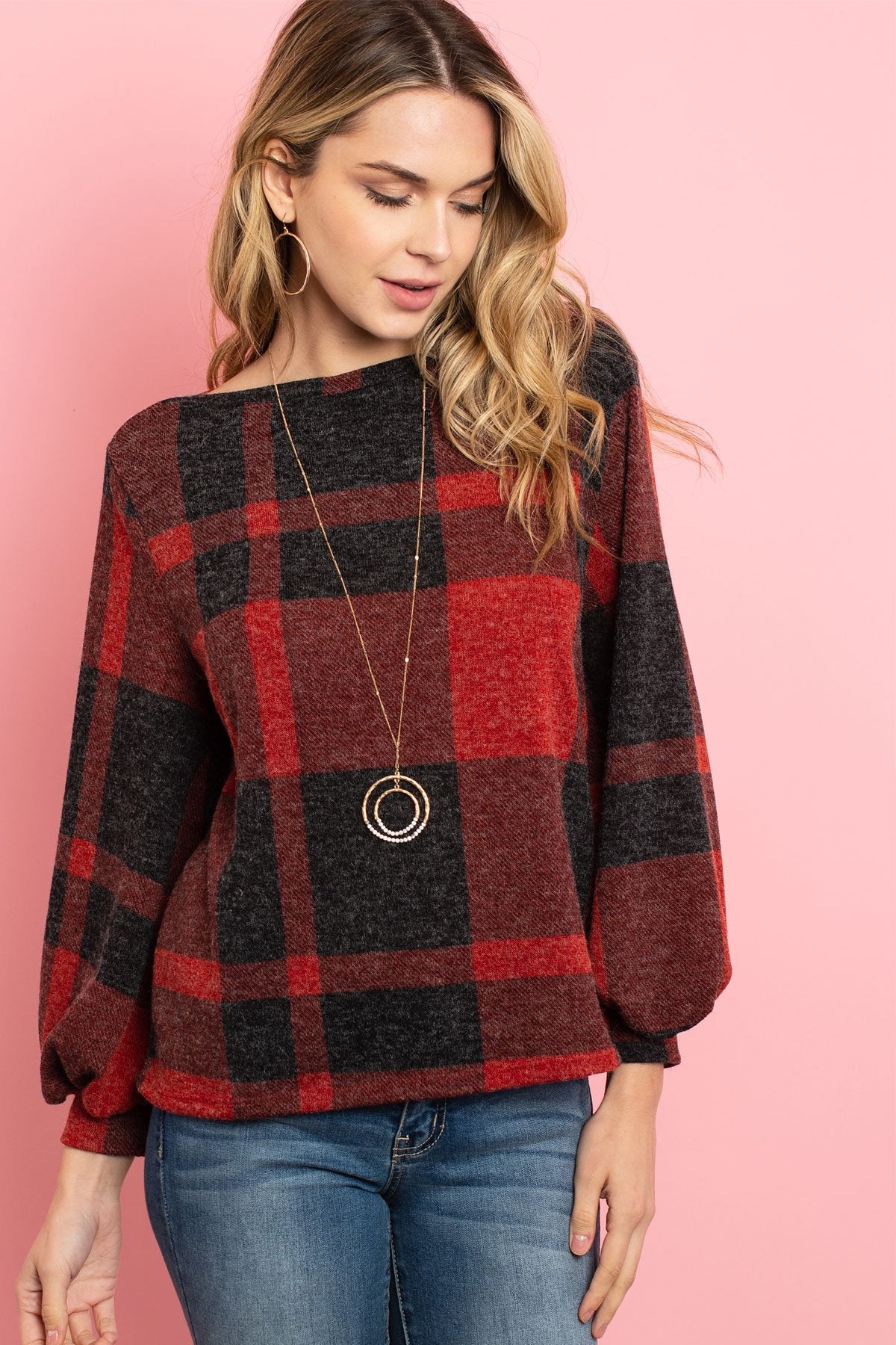 Riah Fashion - Boat Neck Puff Sleeves Plaid Top - 3 COLORS -