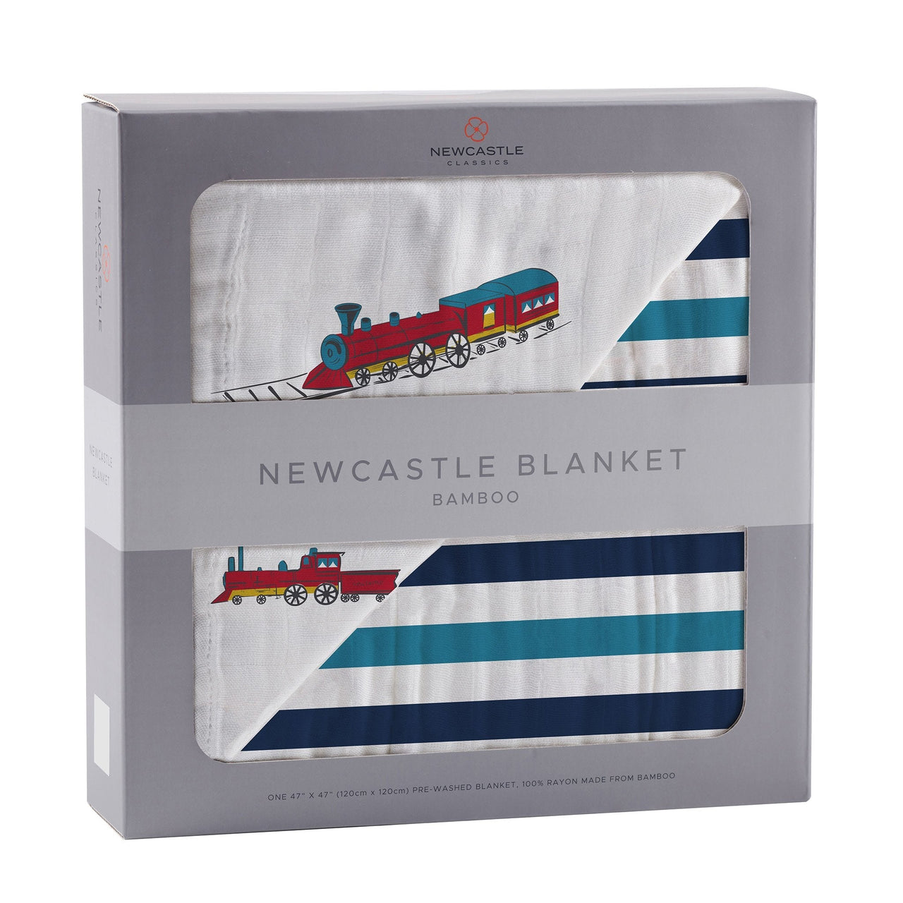 Vintage Steam Trains and Blue Stripe Bamboo Muslin Newcastle Blanket -