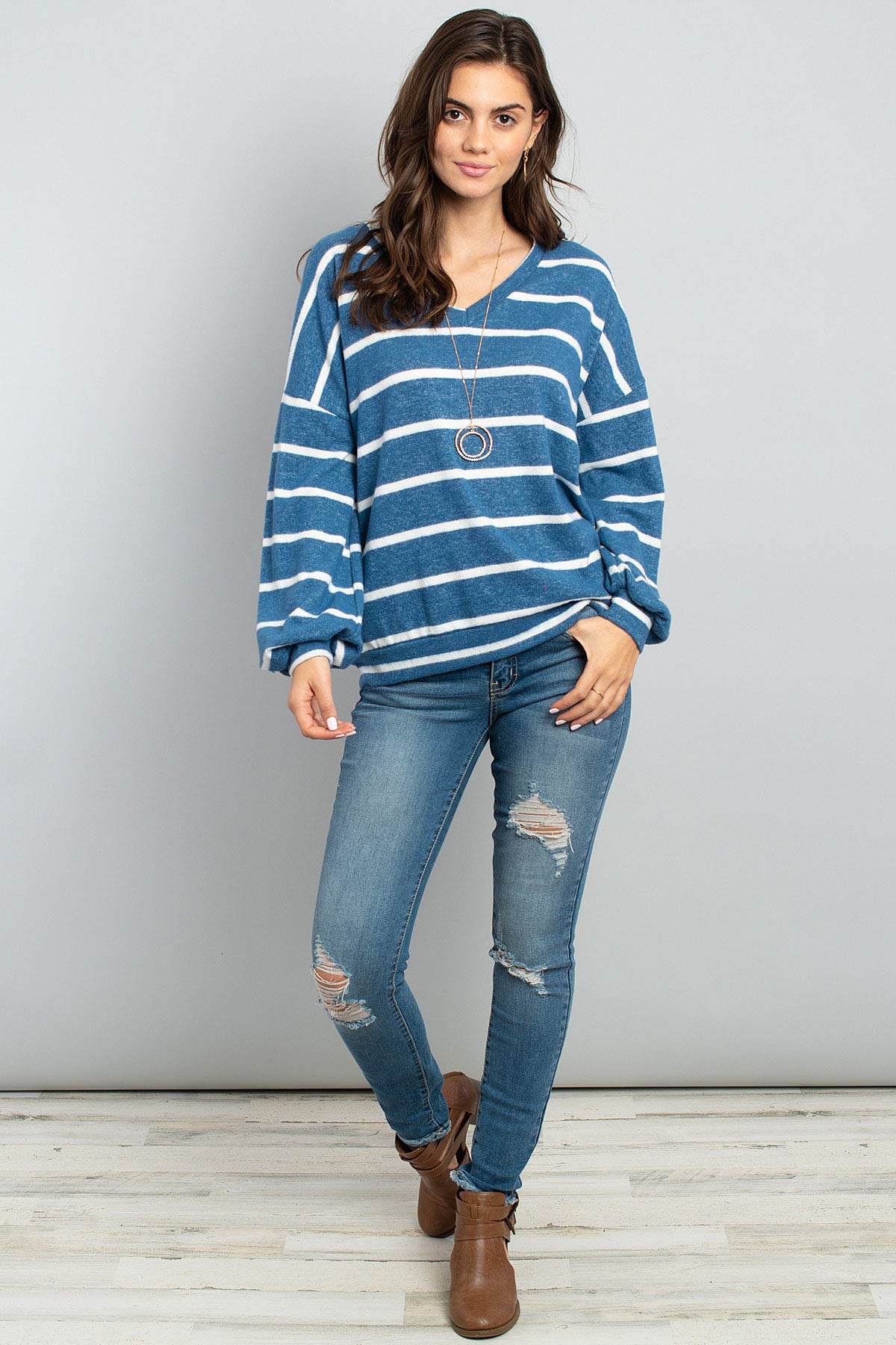 Riah Fashion - Oversized Puff Sleeved V-Neck Striped Top - 4 COLORS -