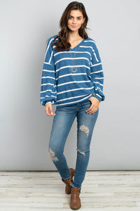 Thumbnail for Riah Fashion - Oversized Puff Sleeved V-Neck Striped Top - 4 COLORS -