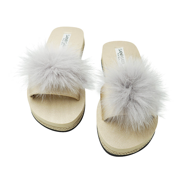 SAND BY SAYA N.Y. - Mink Pom Pom Real Fur Slide - Espadrille Slide Flat Sandals for Women - 1 COLOR -