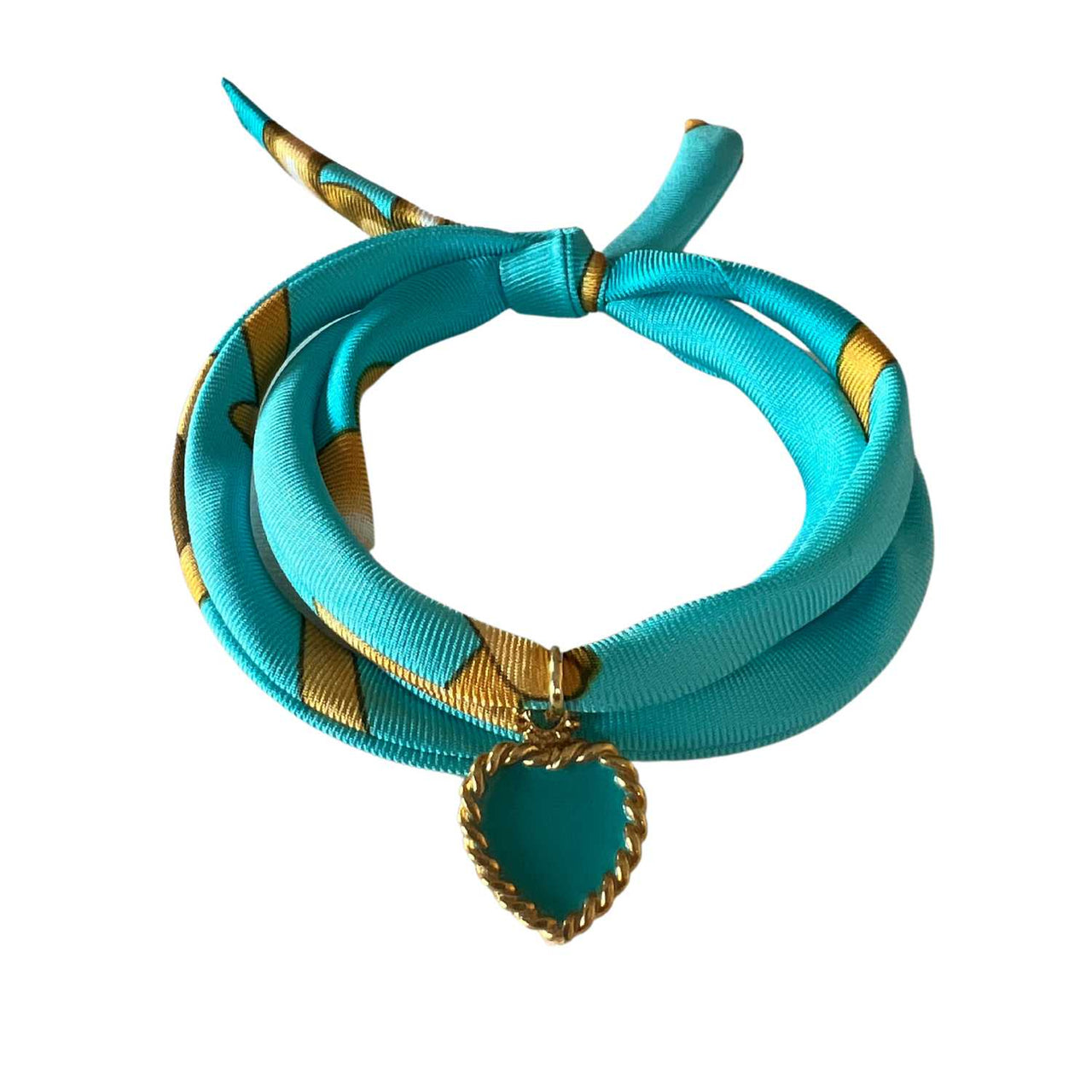 Akalia - Turquoise Hand Printed Silk Twill Bracelet Sterling Silver Gold Plated Enamel Love Charm -