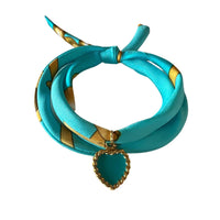 Thumbnail for Akalia - Turquoise Hand Printed Silk Twill Bracelet Sterling Silver Gold Plated Enamel Love Charm -