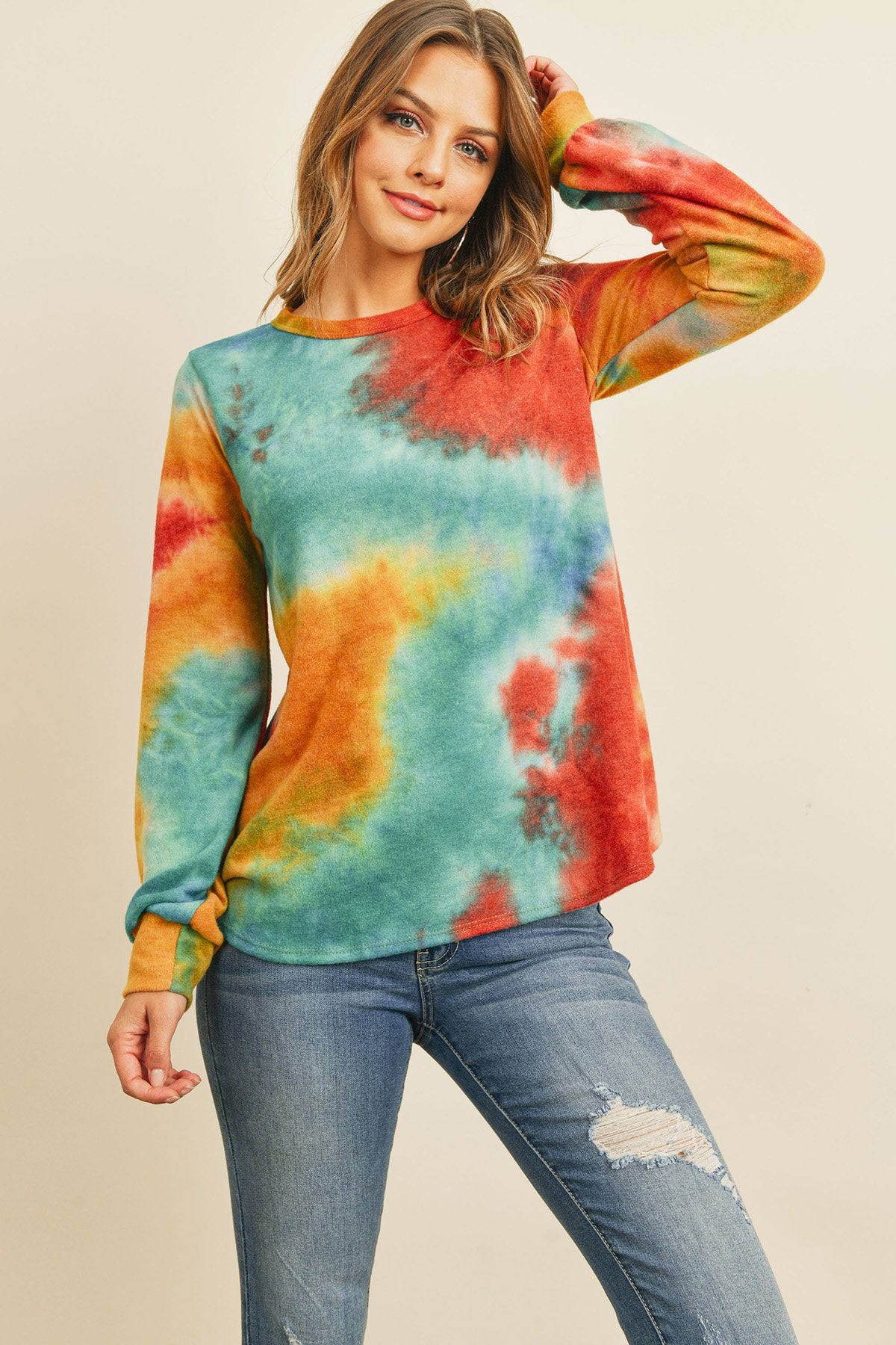 Riah Fashion - Long Sleeve Boat Neck Tie Dye Round Hem Top - 3 COLORS -