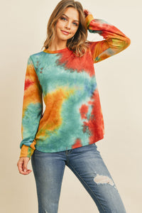 Thumbnail for Riah Fashion - Long Sleeve Boat Neck Tie Dye Round Hem Top - 3 COLORS -