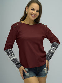 Thumbnail for Buttoned Round Neck Long Printed Sleeve Tee - T - 1 COLOR -