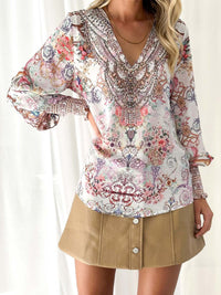 Thumbnail for Printed V-Neck Long Sleeve Blouse - T - 2 COLORS -