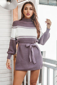 Thumbnail for Contrast Tie Front Long Sleeve Sweater Dress - T - 3 COLORS -