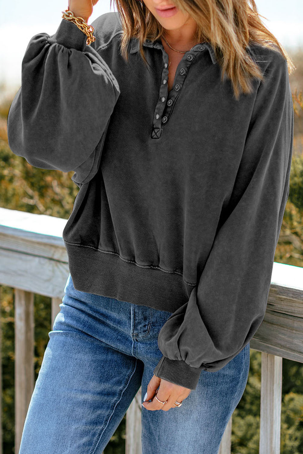 Quarter-Snap Collared Lantern Sleeve Sweatshirt - T - 4 COLORS -