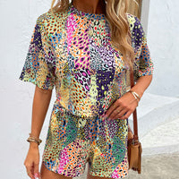 Thumbnail for Printed Round Neck Dropped Shoulder Half Sleeve Top and Shorts Set - 2 PCS. - T - 1 PATTERN -