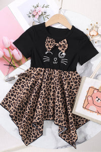 Thumbnail for Girls Leopard Graphic Handkerchief Hem Spliced Dress - T - 4T THRU 7 - 1 COLOR -