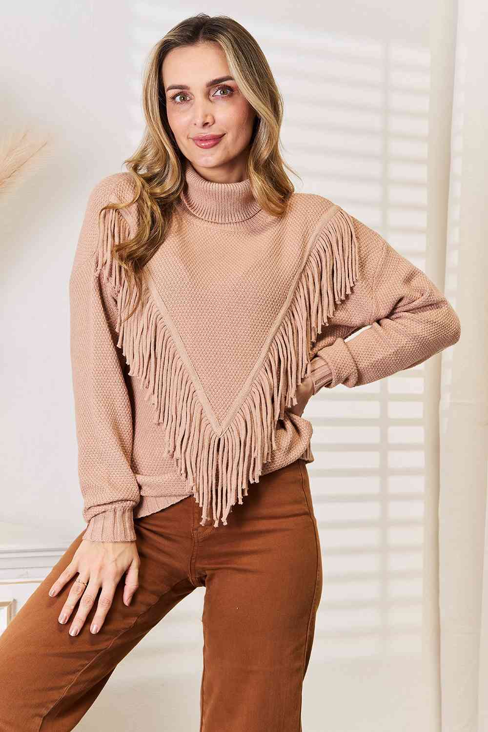 Woven Right Turtleneck Fringe Front Long Sleeve Sweater - T - 1 COLOR -