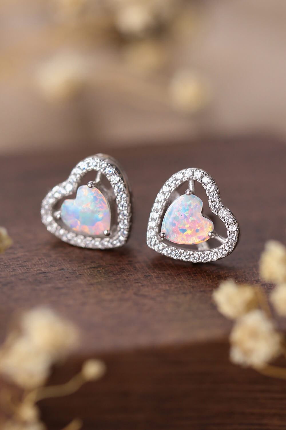 925 Sterling Silver Opal Heart Stud Earrings - T - 2 COLORS -