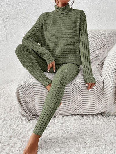 Ribbed Turtleneck Top and Pants Set - 2 PCS. - T - 5 COLORS -