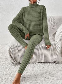 Thumbnail for Ribbed Turtleneck Top and Pants Set - 2 PCS. - T - 5 COLORS -