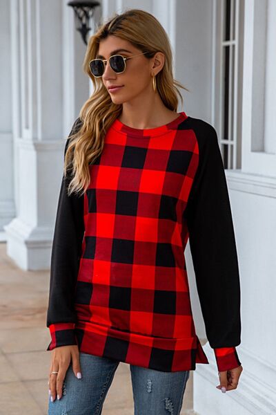 Plaid Round Neck Long Sleeve T-Shirt - T - 5 COLORS -